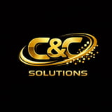 C&C Solutions logo with gold lettering and pixelated swoosh design on black background